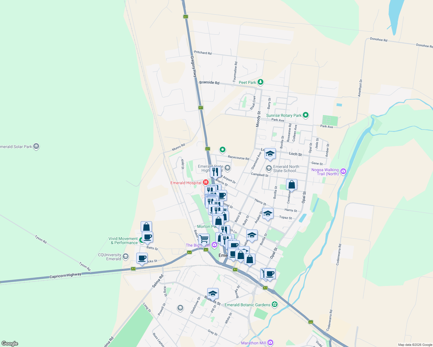 map of restaurants, bars, coffee shops, grocery stores, and more near 24 Old Airport Drive in Emerald