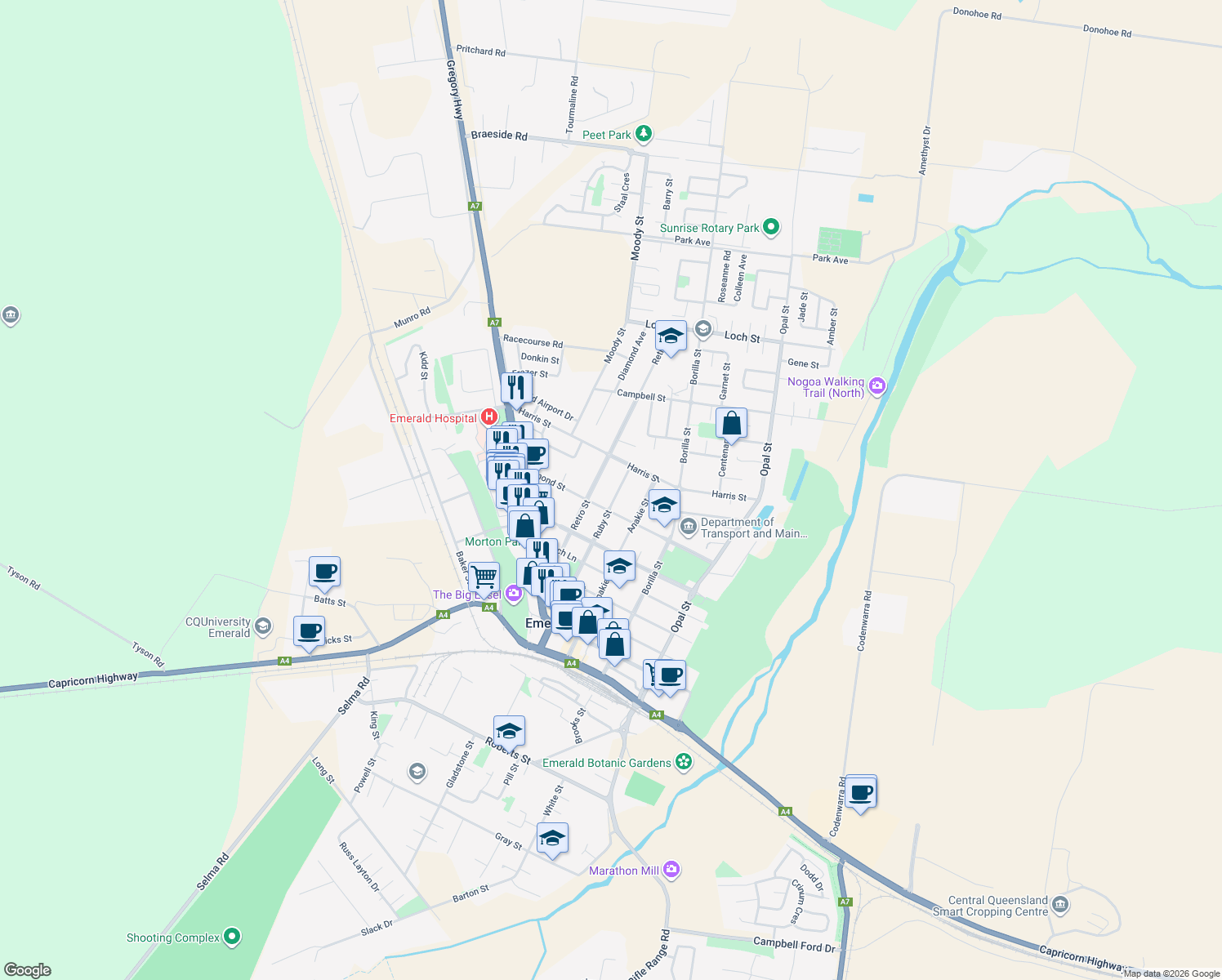 map of restaurants, bars, coffee shops, grocery stores, and more near 97 Ruby Street in Emerald