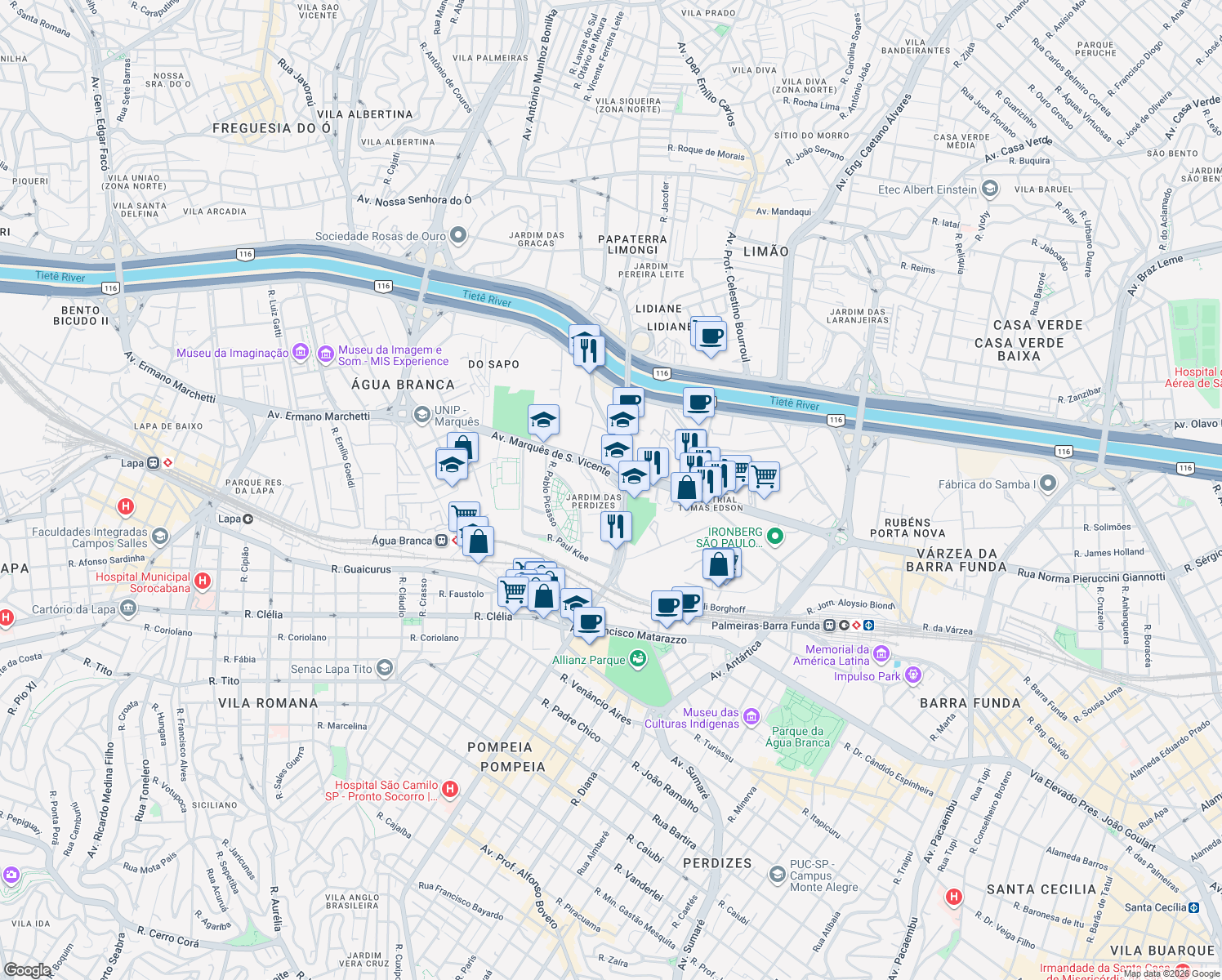map of restaurants, bars, coffee shops, grocery stores, and more near Avenida Marquês de São Vicente in São Paulo