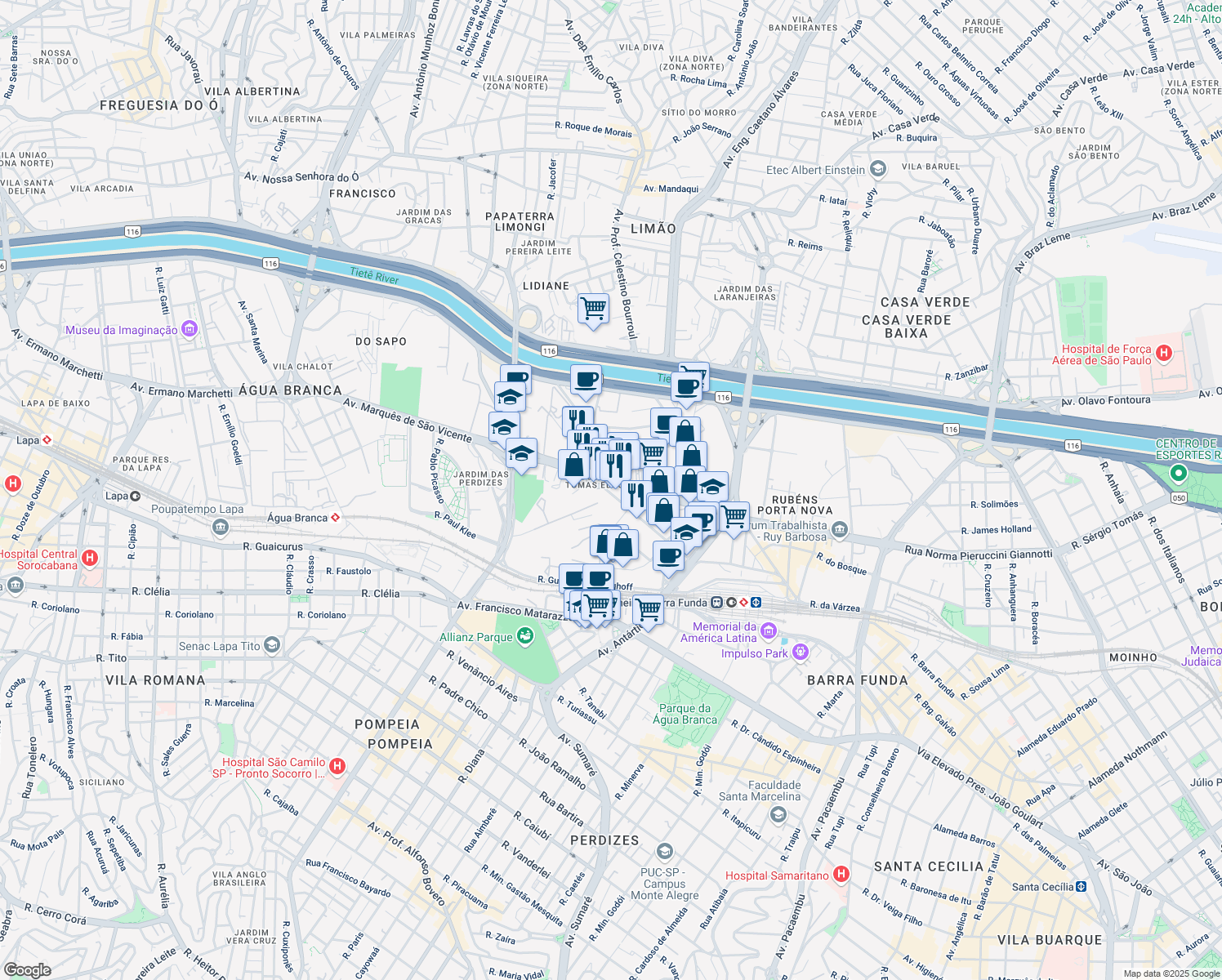 map of restaurants, bars, coffee shops, grocery stores, and more near 45 Rua Robert Bosch in São Paulo
