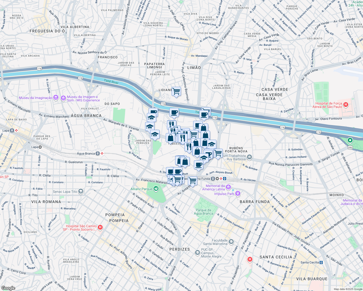 map of restaurants, bars, coffee shops, grocery stores, and more near 45 Rua Robert Bosch in São Paulo