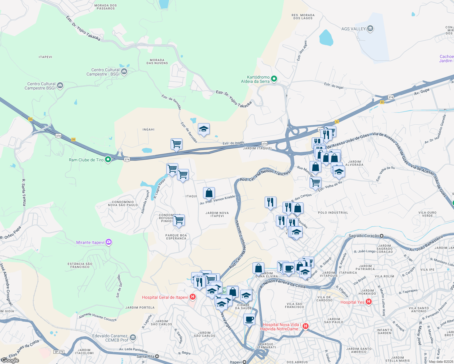 map of restaurants, bars, coffee shops, grocery stores, and more near 1100 Avenida Portugal in Itapevi