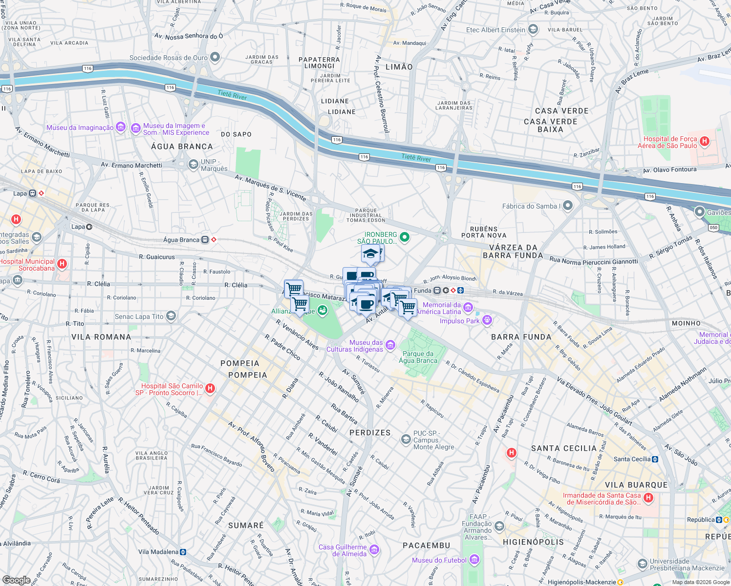map of restaurants, bars, coffee shops, grocery stores, and more near 1350 Avenida Francisco Matarazzo in São Paulo