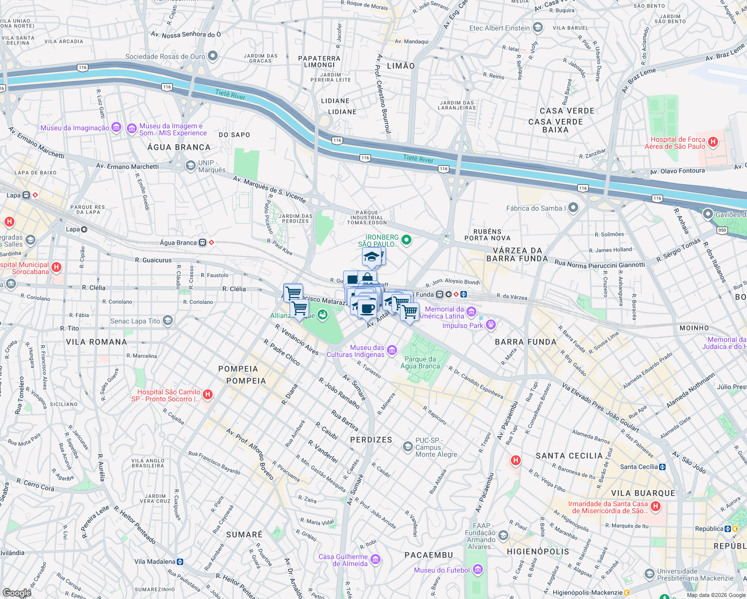map of restaurants, bars, coffee shops, grocery stores, and more near 1350 Avenida Francisco Matarazzo in São Paulo