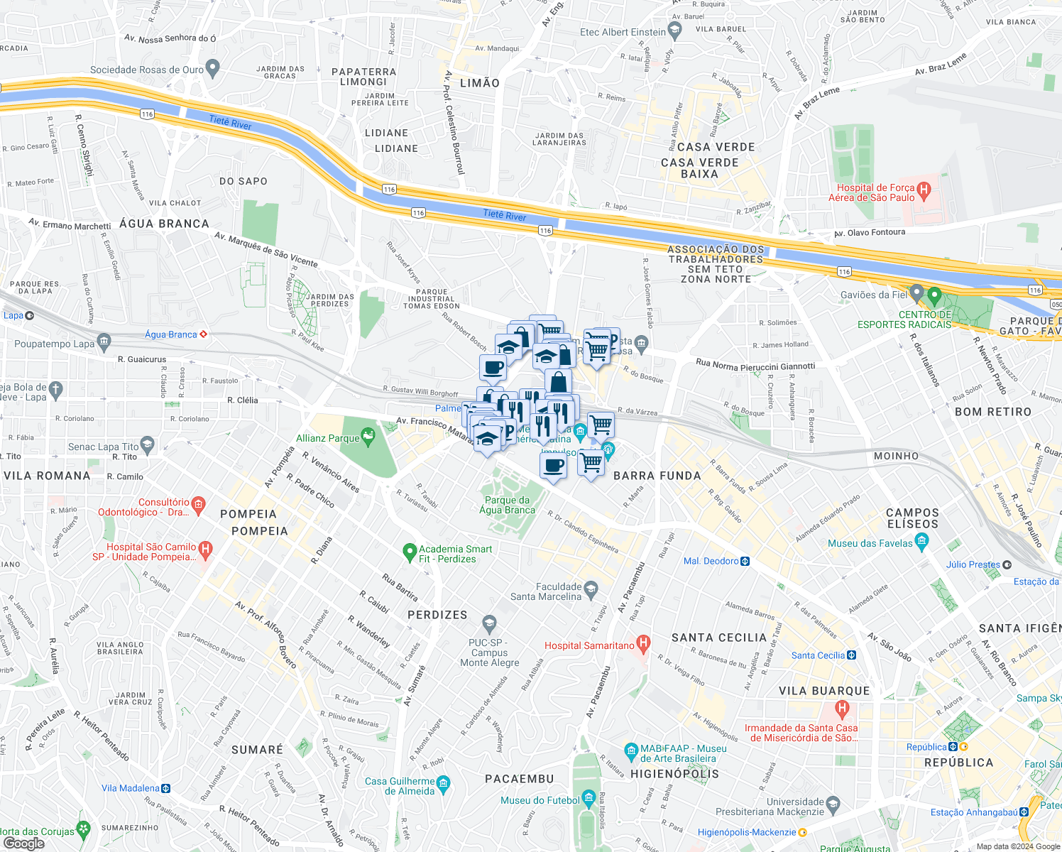 map of restaurants, bars, coffee shops, grocery stores, and more near Av. Auro Soares de Moura Andrade in Sao Paulo