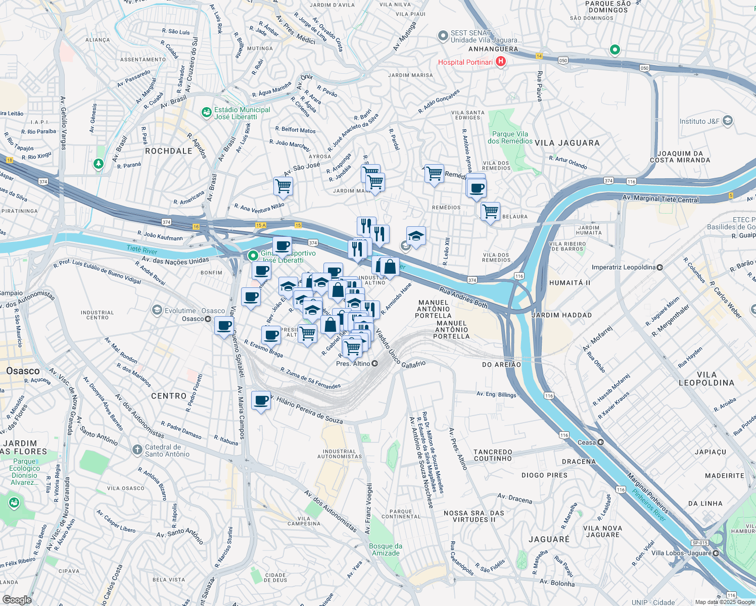 map of restaurants, bars, coffee shops, grocery stores, and more near 803 Rua Henry Ford in Osasco