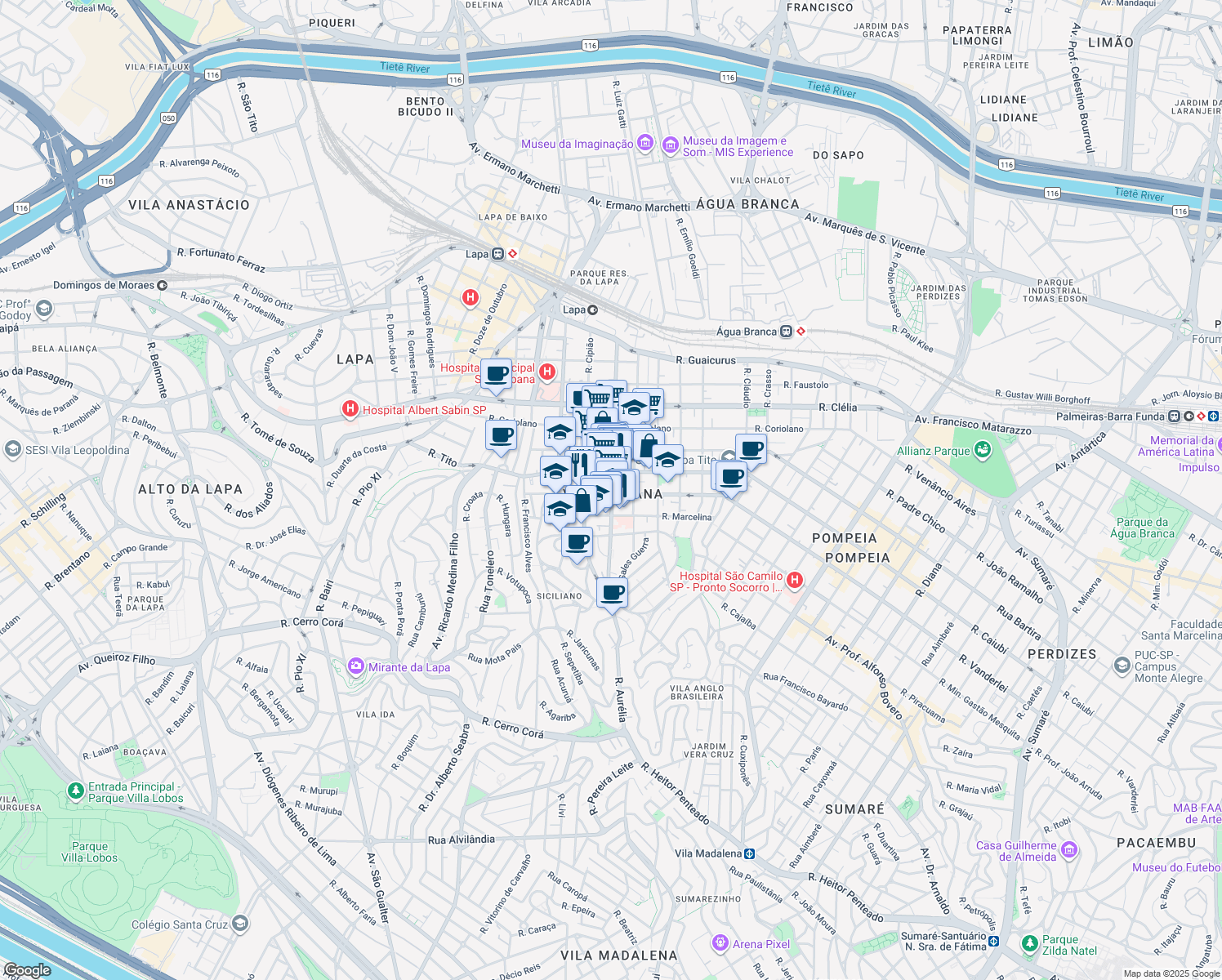 map of restaurants, bars, coffee shops, grocery stores, and more near 802 Rua Aurélia in São Paulo
