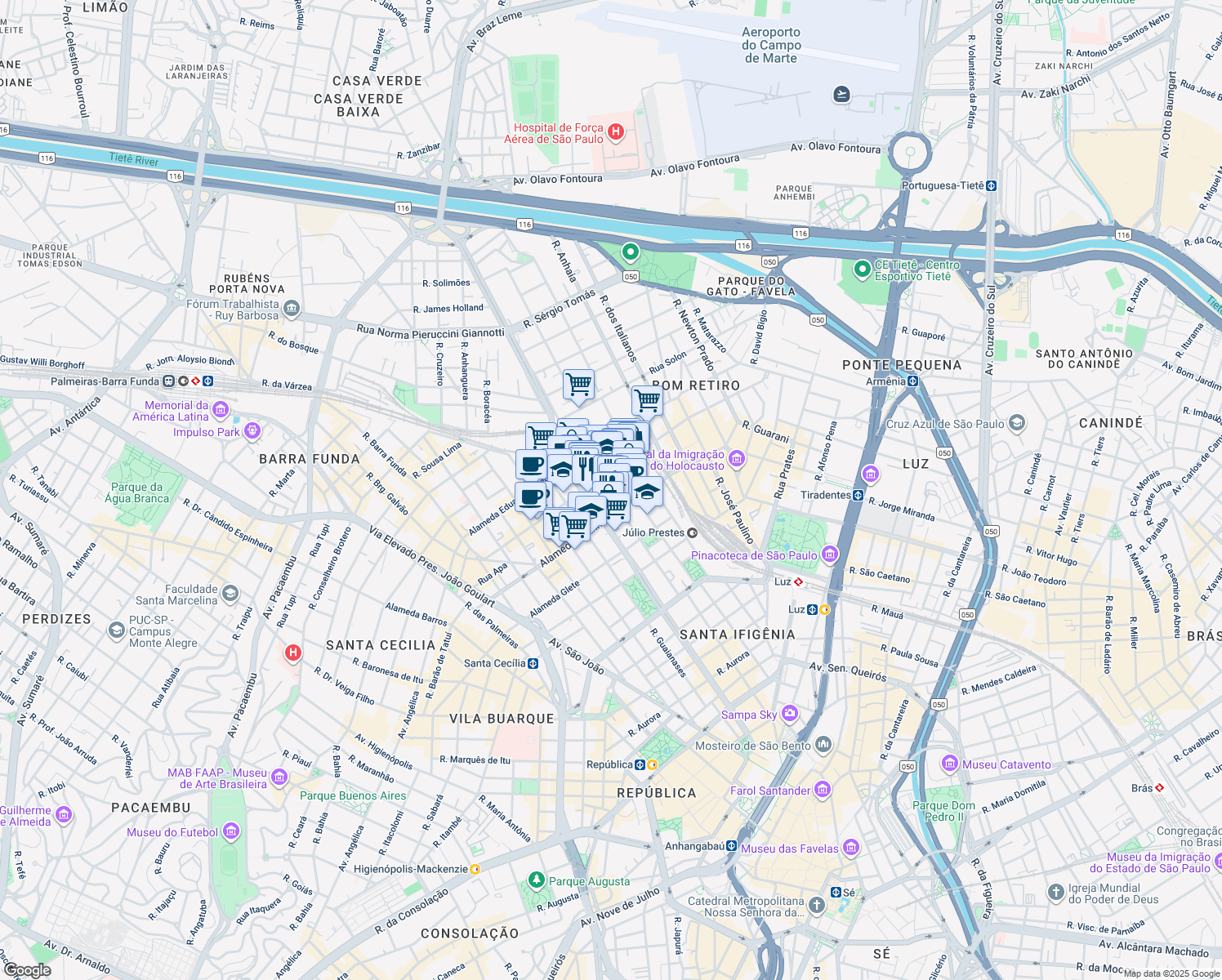 map of restaurants, bars, coffee shops, grocery stores, and more near 618 Alameda Barão de Piracicaba in São Paulo