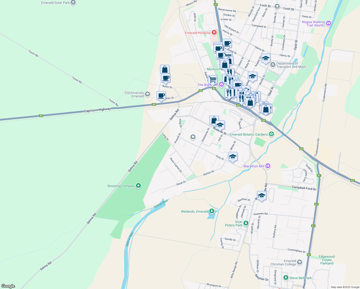 map of restaurants, bars, coffee shops, grocery stores, and more near 9 Paperbark Place in Emerald