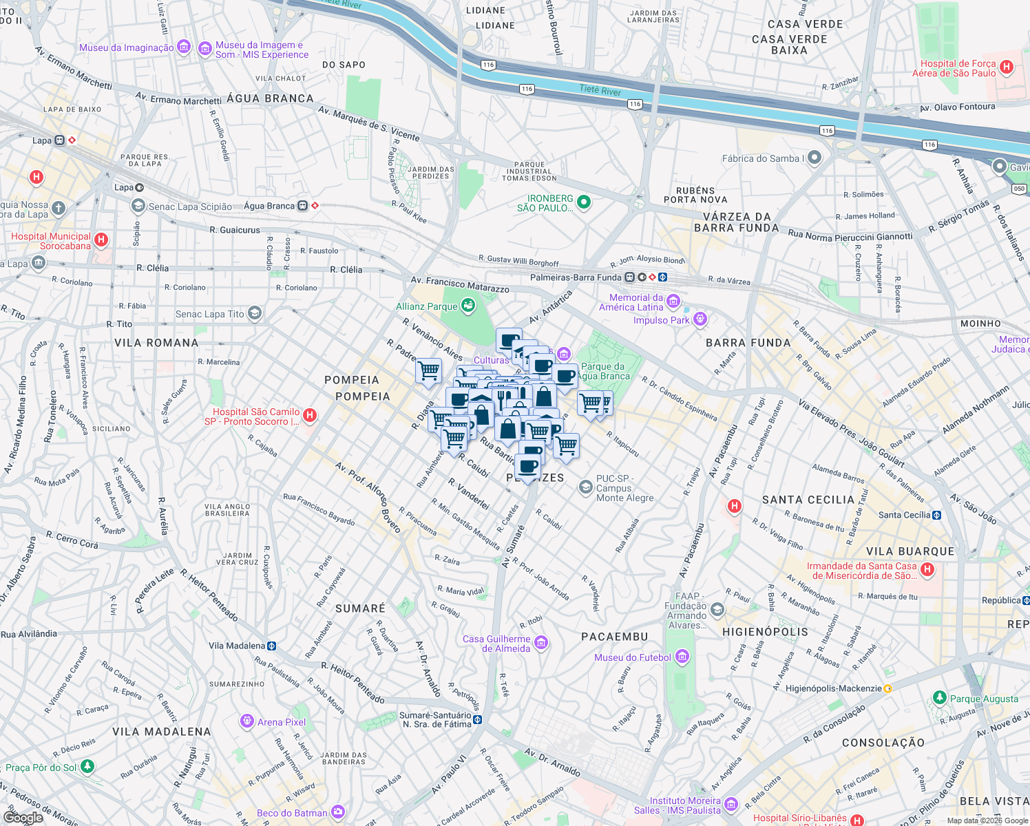 map of restaurants, bars, coffee shops, grocery stores, and more near 85 Rua Apiacás in São Paulo