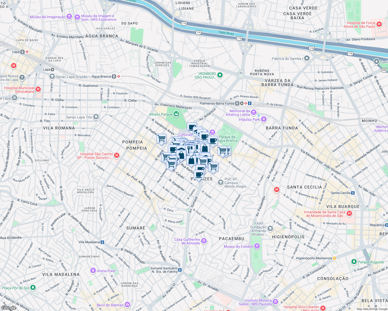 map of restaurants, bars, coffee shops, grocery stores, and more near 85 Rua Apiacás in São Paulo