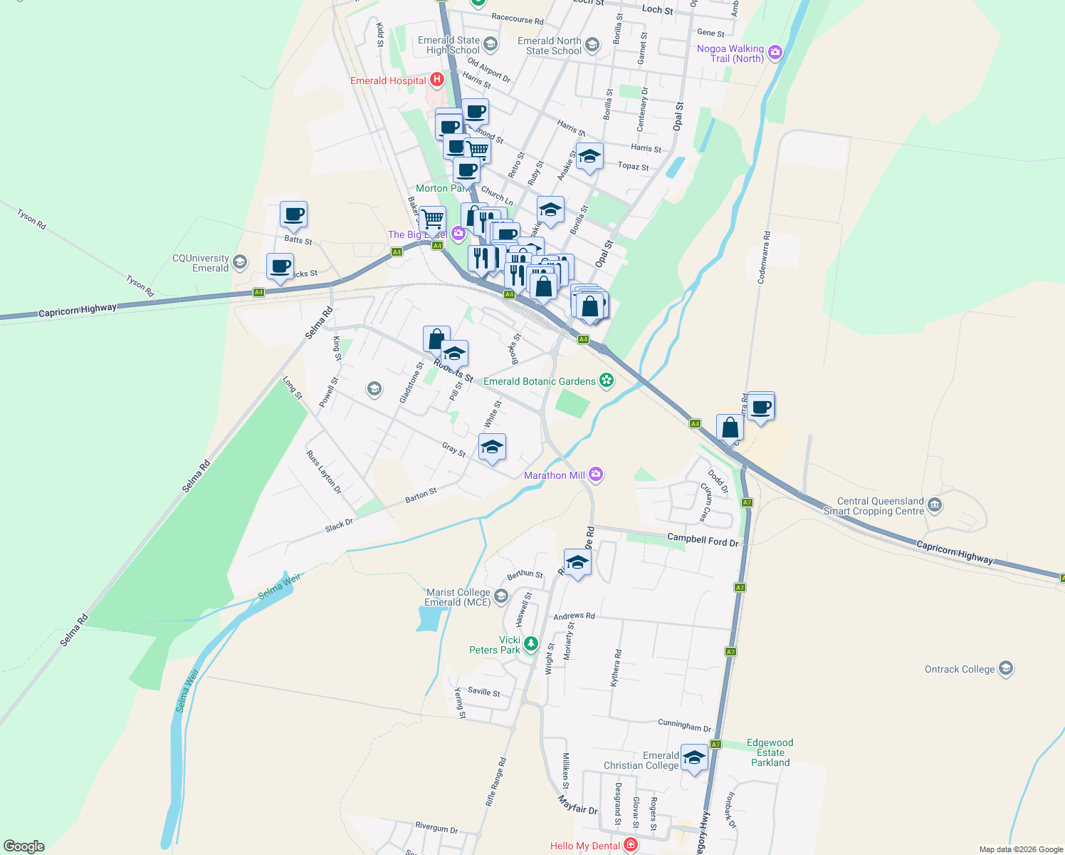 map of restaurants, bars, coffee shops, grocery stores, and more near 16 Riverview Street in Emerald