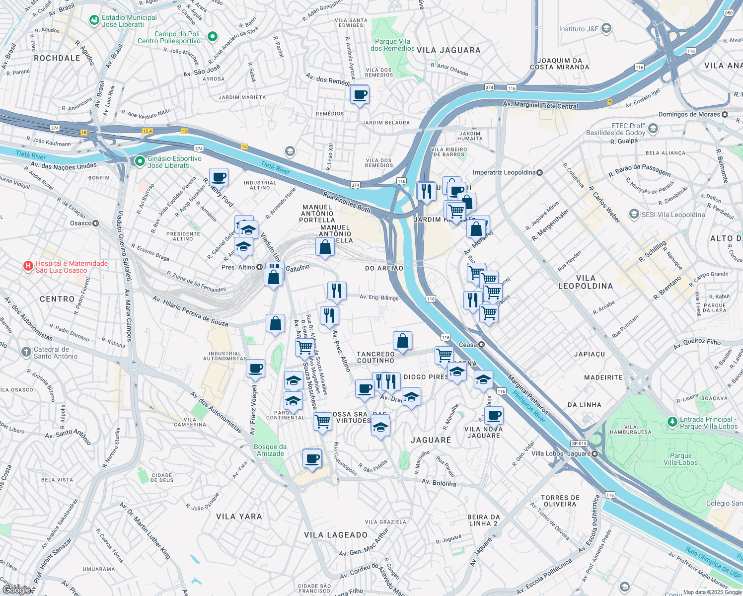 map of restaurants, bars, coffee shops, grocery stores, and more near 2299 Avenida Engenheiro Billings in São Paulo
