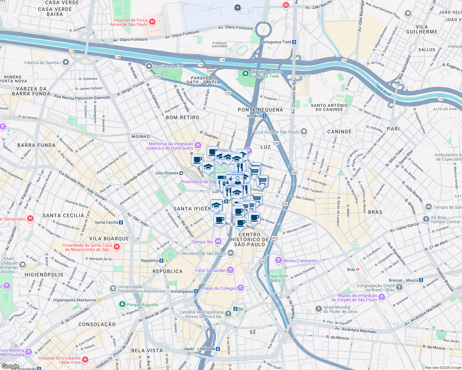 map of restaurants, bars, coffee shops, grocery stores, and more near 2 Praça da Luz in São Paulo