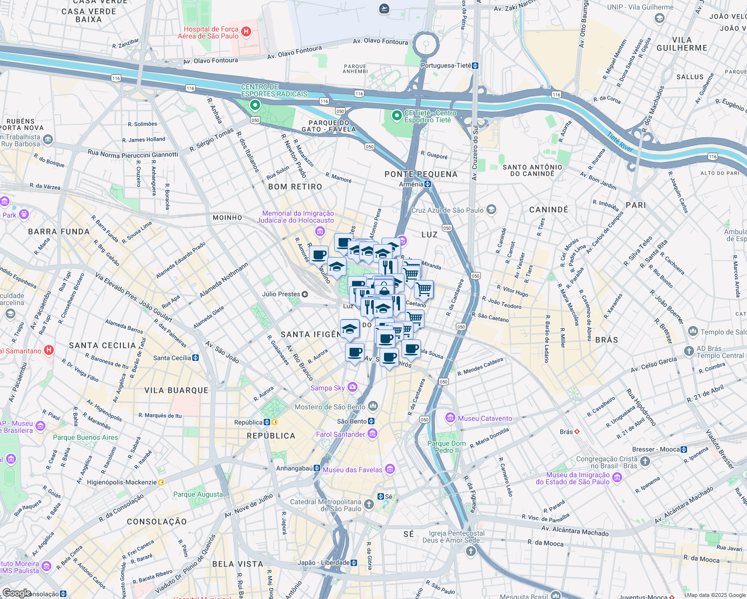 map of restaurants, bars, coffee shops, grocery stores, and more near 2 Praça da Luz in São Paulo