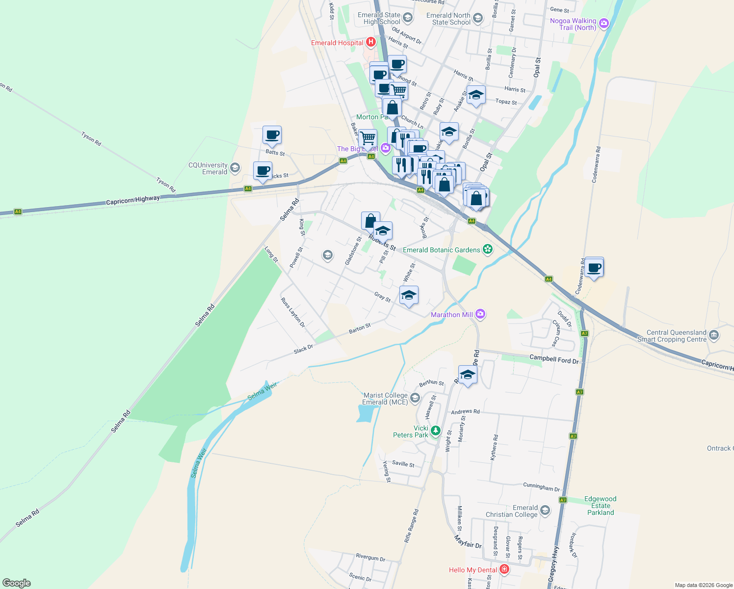 map of restaurants, bars, coffee shops, grocery stores, and more near 47 Gray Street in Emerald