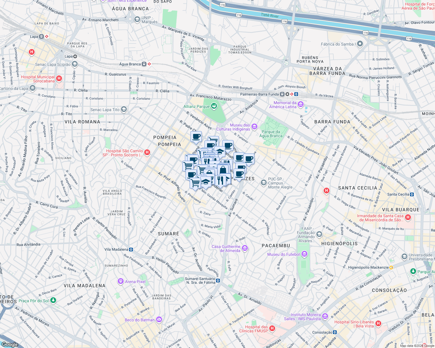 map of restaurants, bars, coffee shops, grocery stores, and more near Rua Apiacás in São Paulo