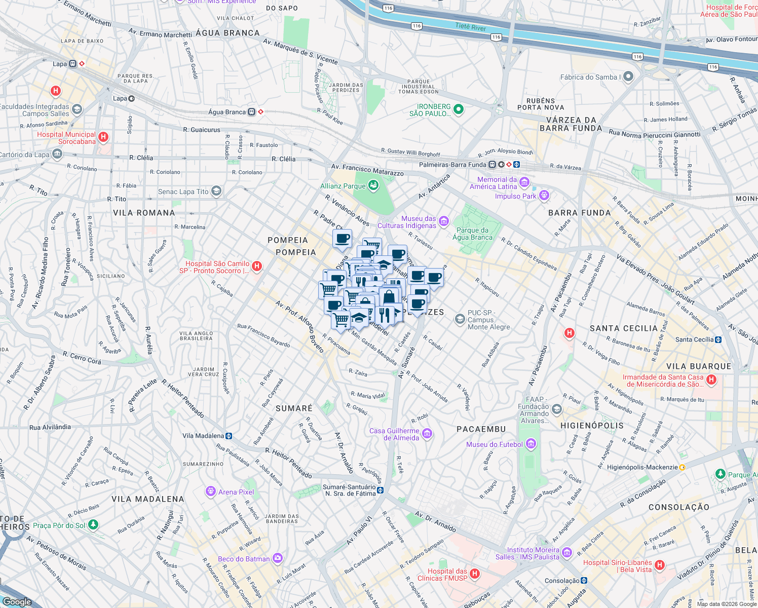 map of restaurants, bars, coffee shops, grocery stores, and more near Rua Apiacás in São Paulo