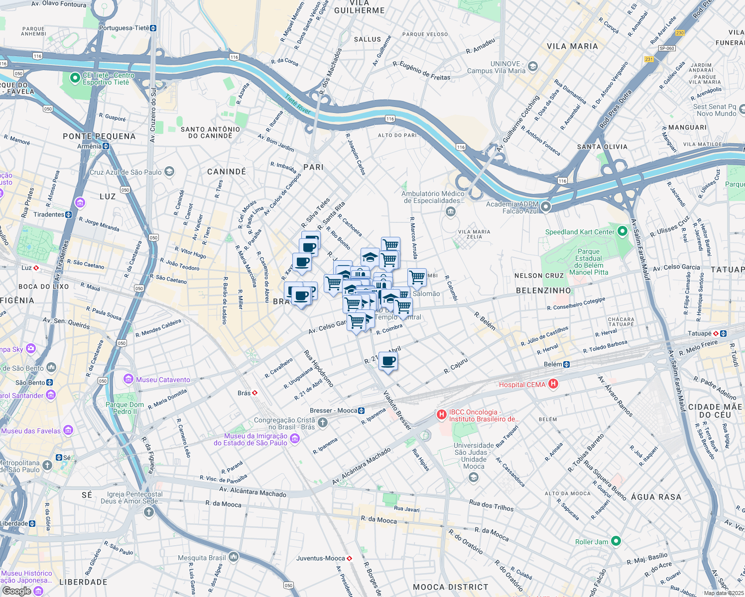 map of restaurants, bars, coffee shops, grocery stores, and more near 605 Avenida Celso Garcia in São Paulo