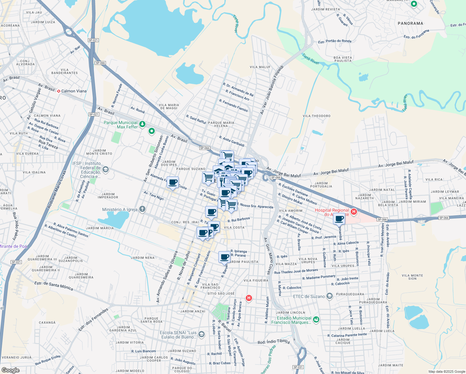 map of restaurants, bars, coffee shops, grocery stores, and more near in Suzano
