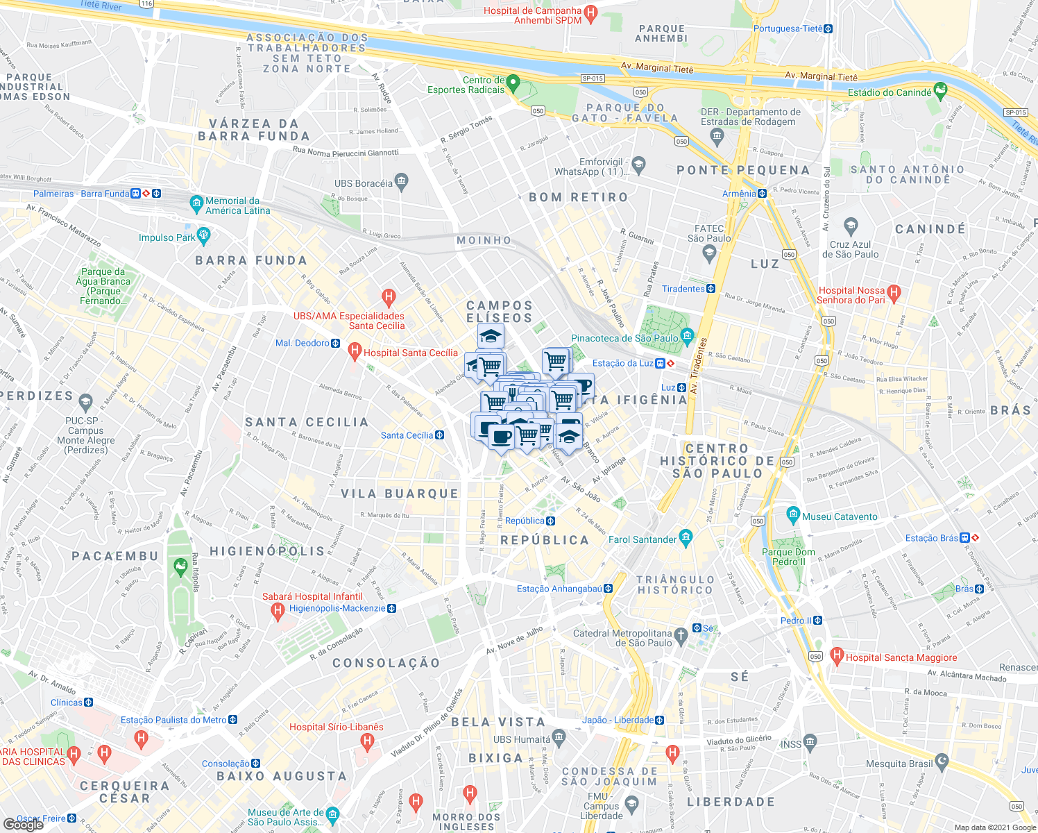 map of restaurants, bars, coffee shops, grocery stores, and more near 488A Avenida Duque de Caxias in São Paulo