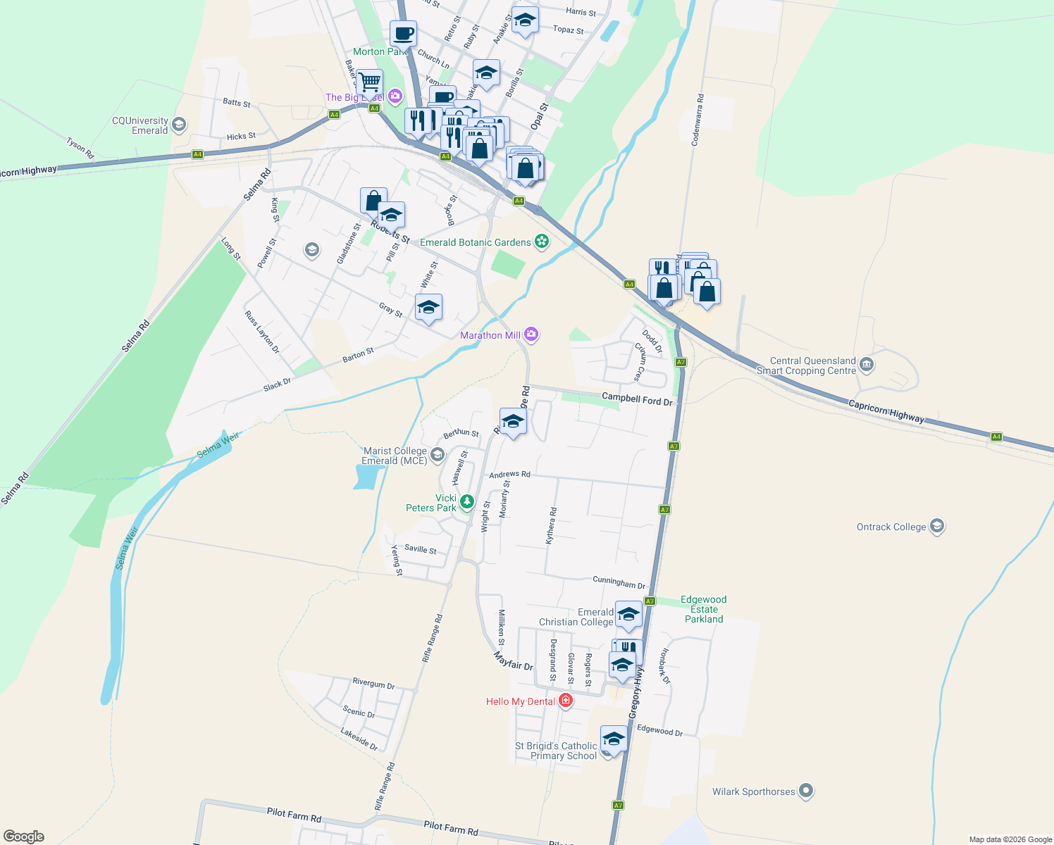 map of restaurants, bars, coffee shops, grocery stores, and more near 71 Blue Gums Drive in Emerald