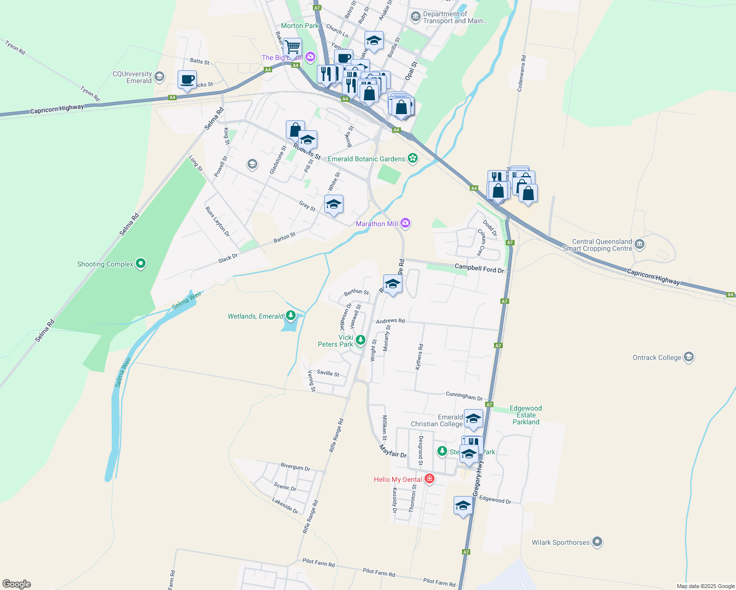map of restaurants, bars, coffee shops, grocery stores, and more near 3 Berthun Street in Emerald