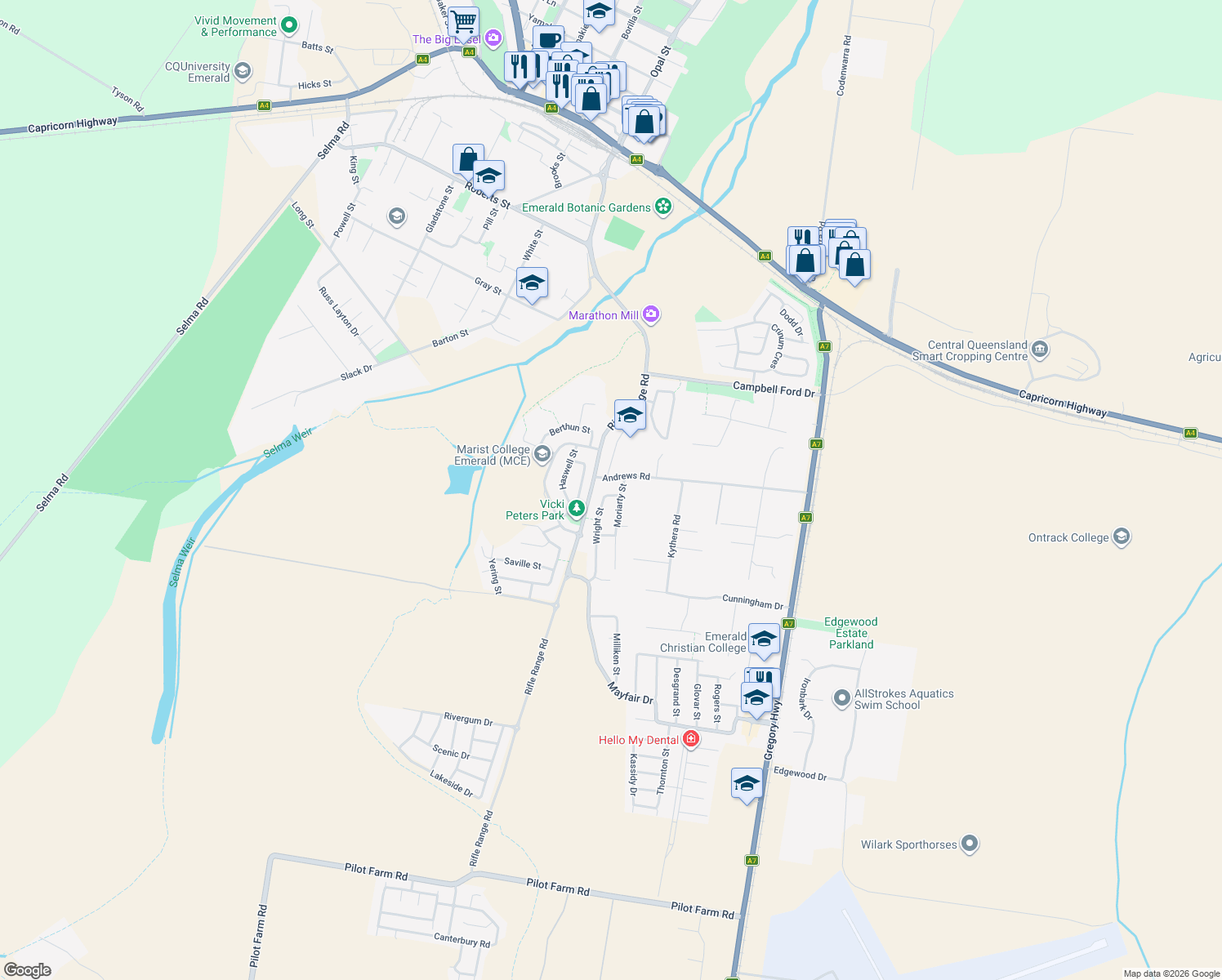 map of restaurants, bars, coffee shops, grocery stores, and more near 6 Wright Street in Emerald