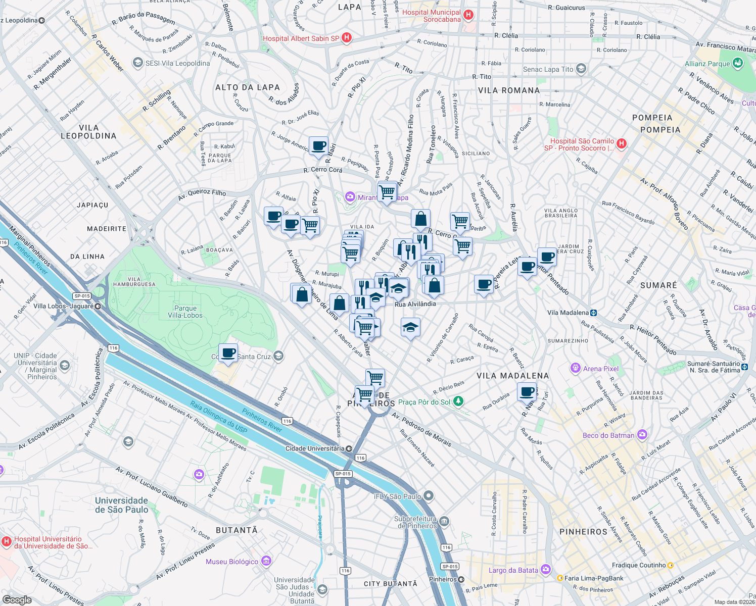 map of restaurants, bars, coffee shops, grocery stores, and more near 1-434 Rua Doutor Luís Augusto de Queirós Aranha in São Paulo
