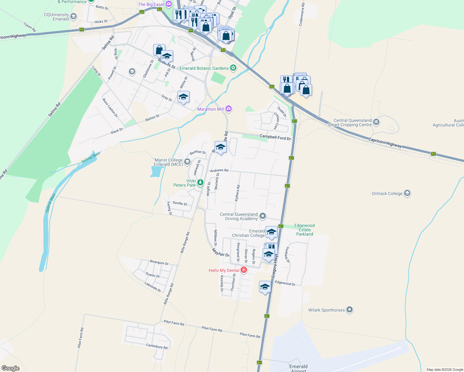 map of restaurants, bars, coffee shops, grocery stores, and more near 8 Kythera Road in Emerald