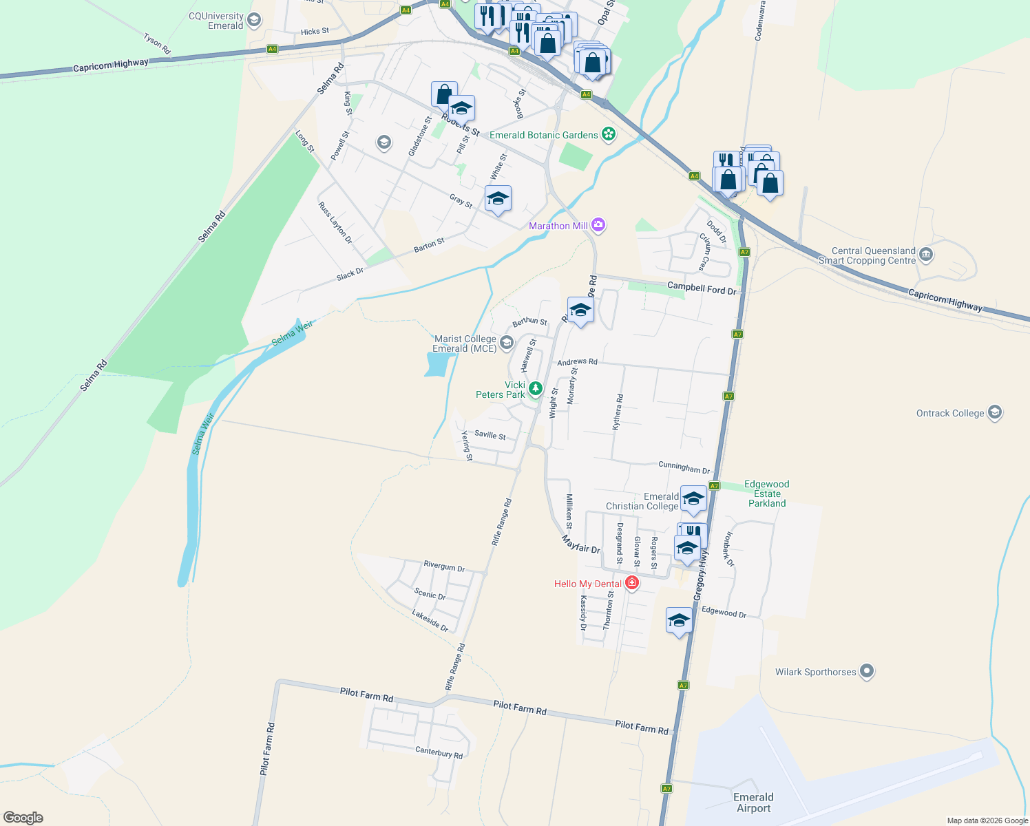 map of restaurants, bars, coffee shops, grocery stores, and more near 30 Brokenwood Street in Emerald