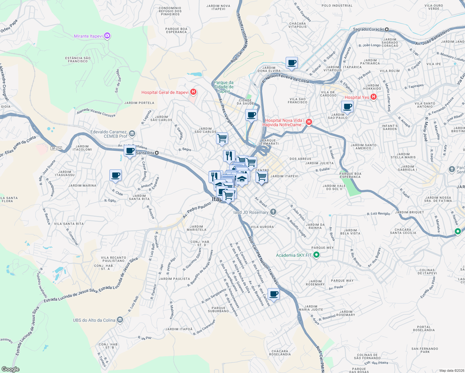 map of restaurants, bars, coffee shops, grocery stores, and more near 1100 Avenida Portugal in Itapevi