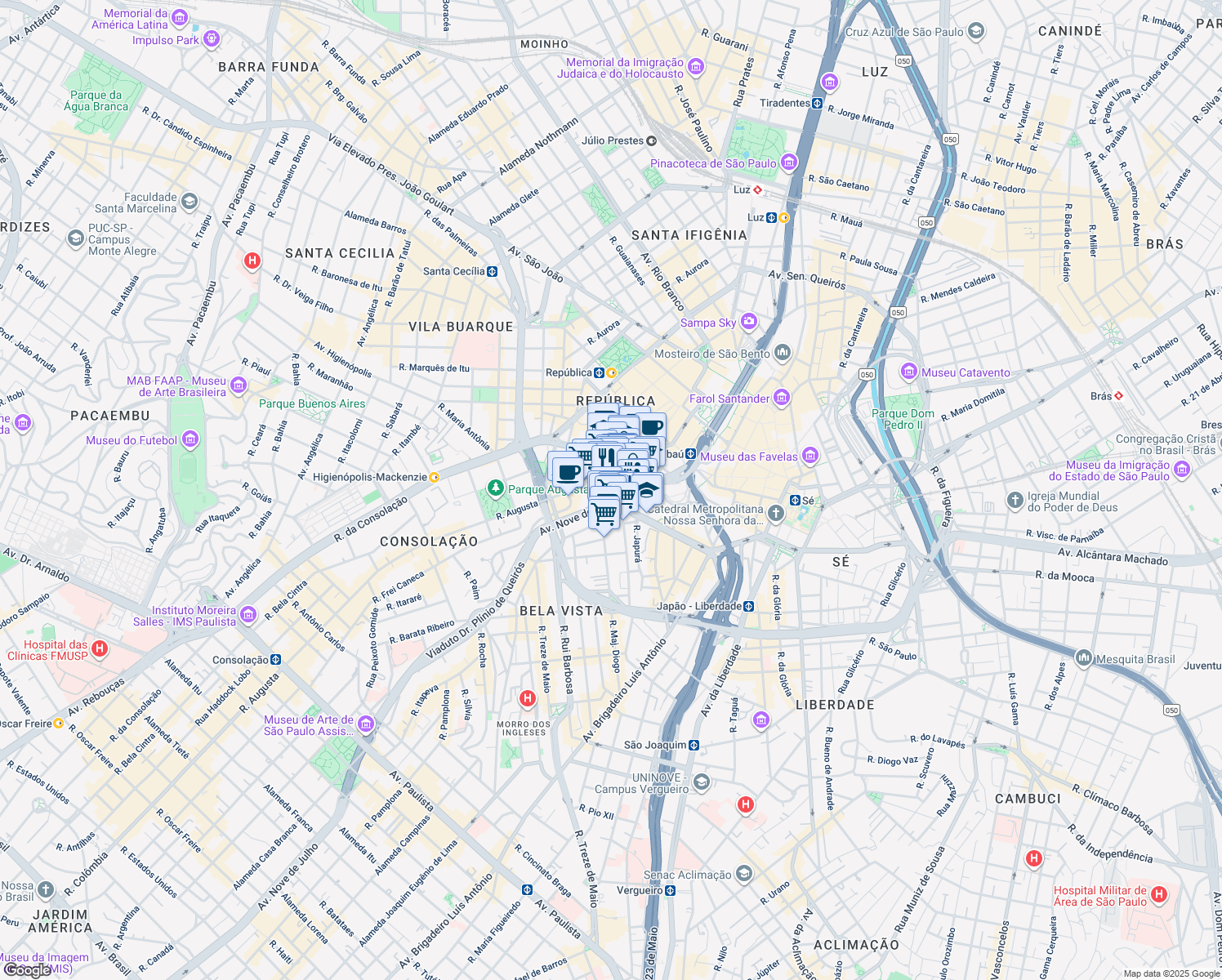 map of restaurants, bars, coffee shops, grocery stores, and more near 165 Rua Major Quedinho in São Paulo