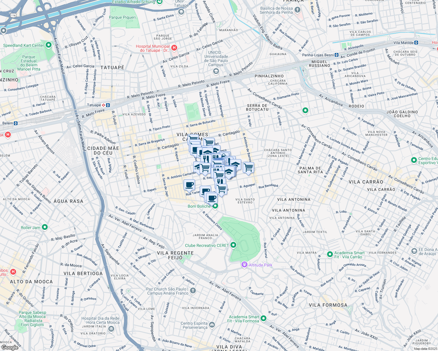 map of restaurants, bars, coffee shops, grocery stores, and more near 1377 Rua Monte Serrat in São Paulo