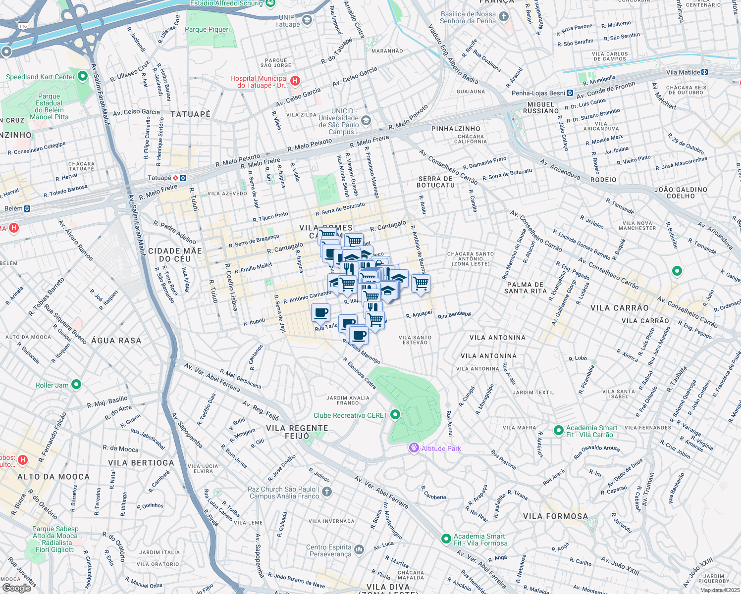map of restaurants, bars, coffee shops, grocery stores, and more near 1377 Rua Monte Serrat in São Paulo