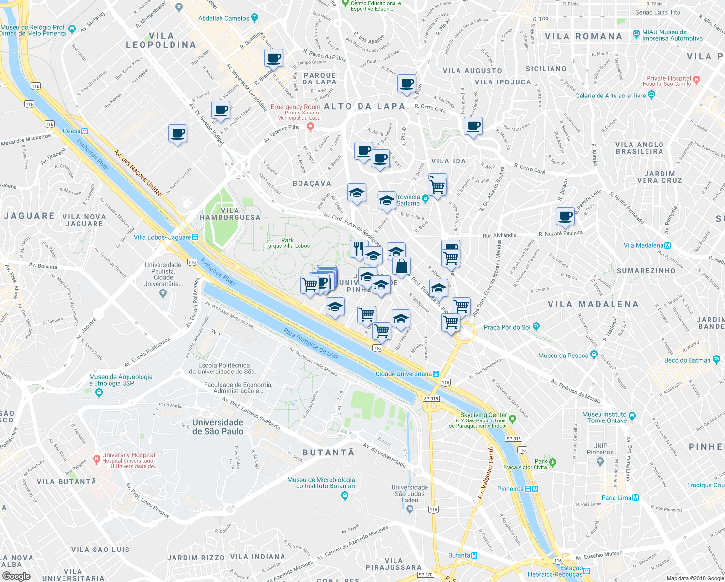 map of restaurants, bars, coffee shops, grocery stores, and more near 262 Avenida Arruda Botelho in São Paulo