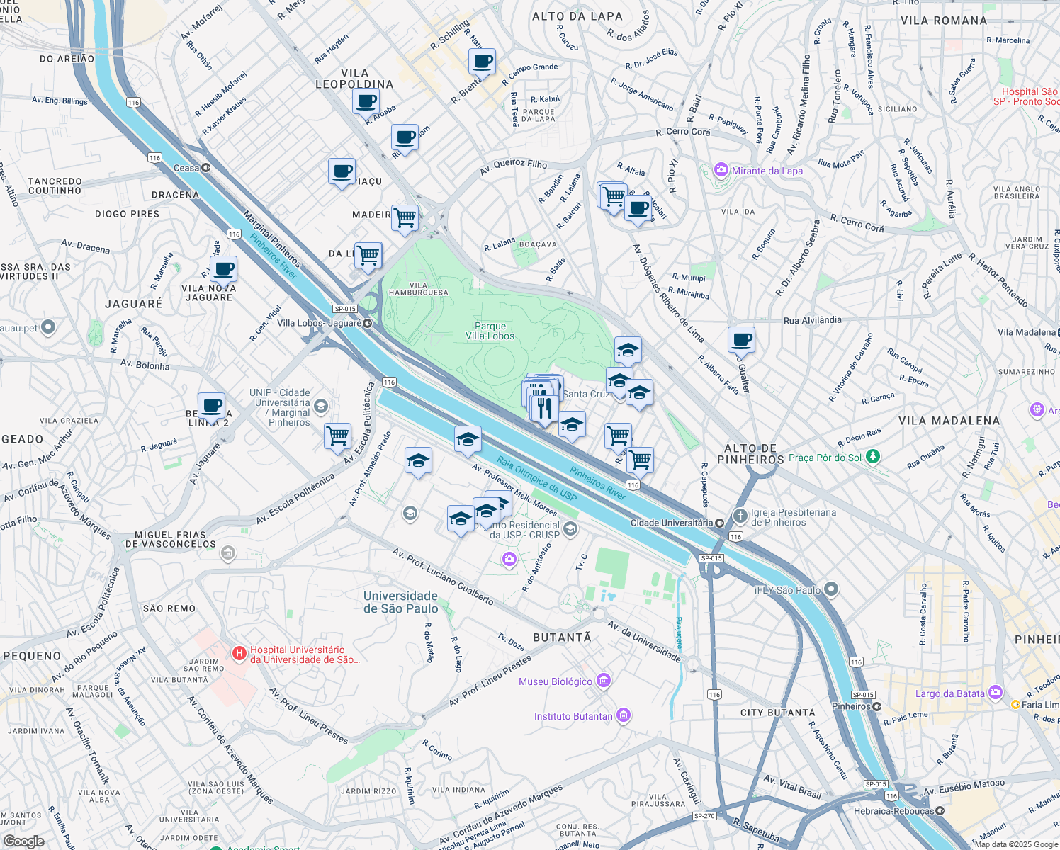 map of restaurants, bars, coffee shops, grocery stores, and more near 782 Avenida das Nações Unidas in São Paulo