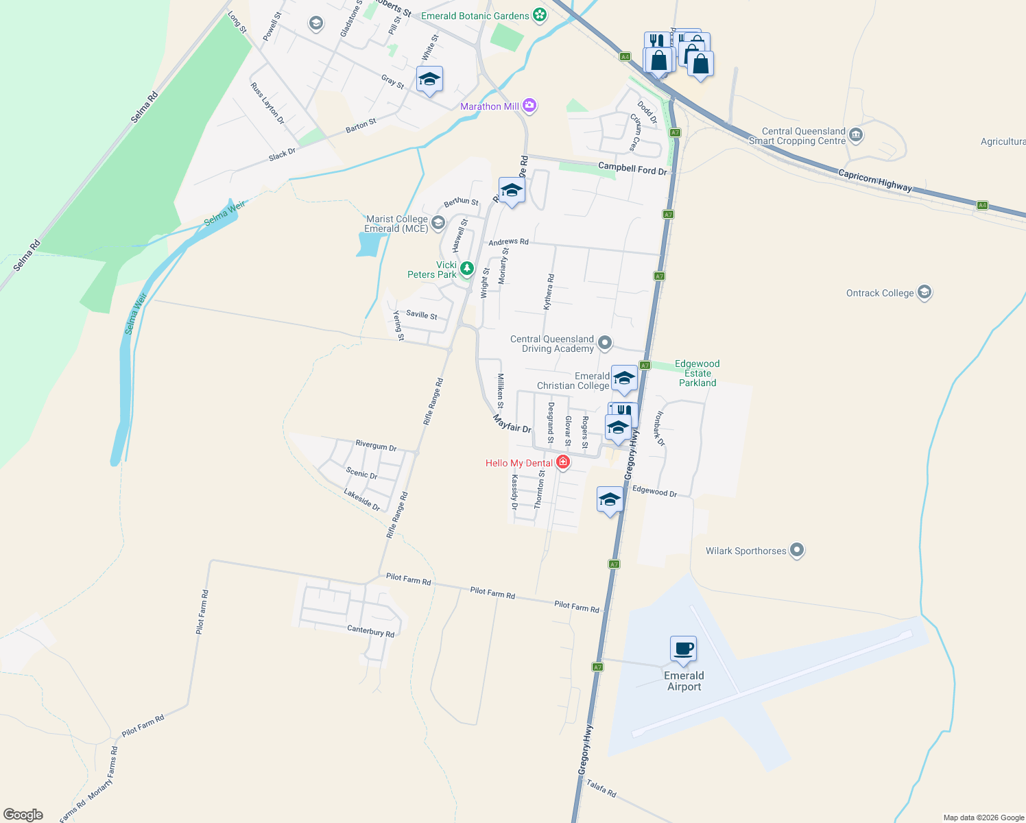 map of restaurants, bars, coffee shops, grocery stores, and more near 7 Newman Drive in Emerald