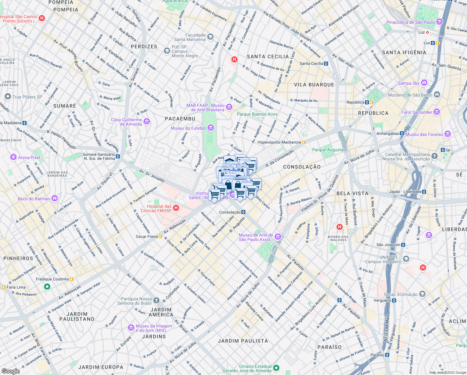 map of restaurants, bars, coffee shops, grocery stores, and more near 2529 Avenida Angélica in São Paulo