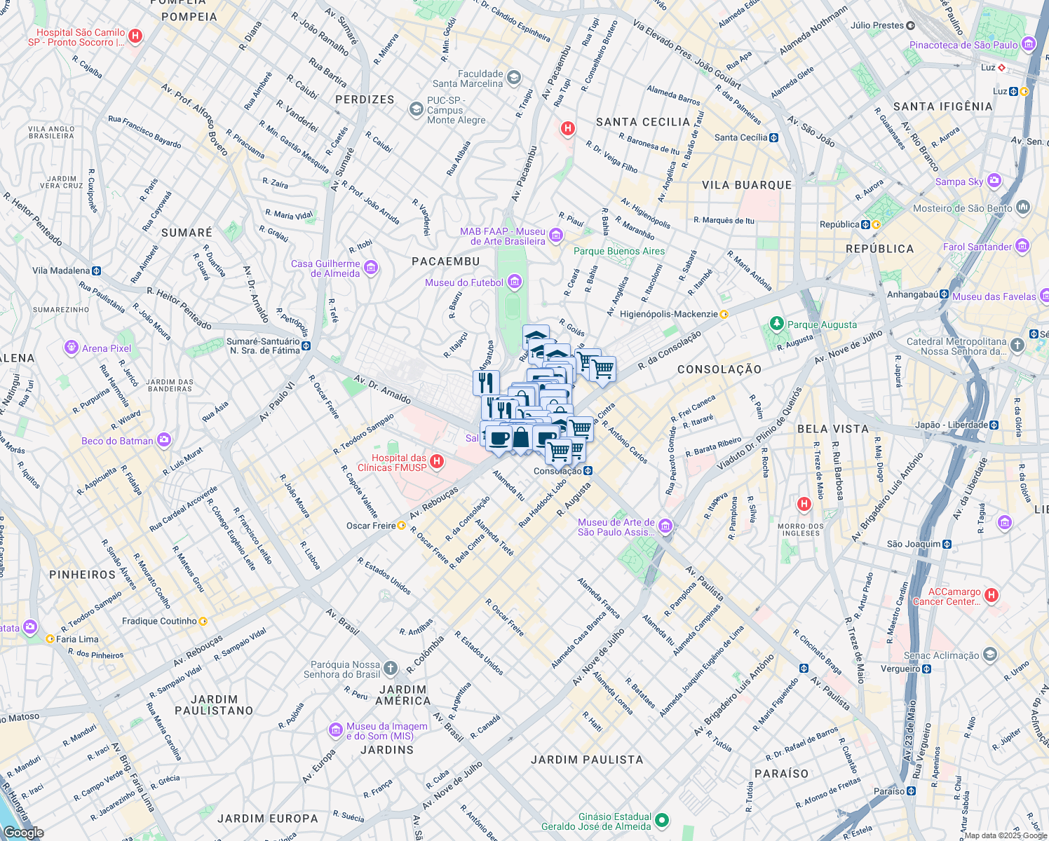 map of restaurants, bars, coffee shops, grocery stores, and more near 332 Rua Minas Gerais in São Paulo