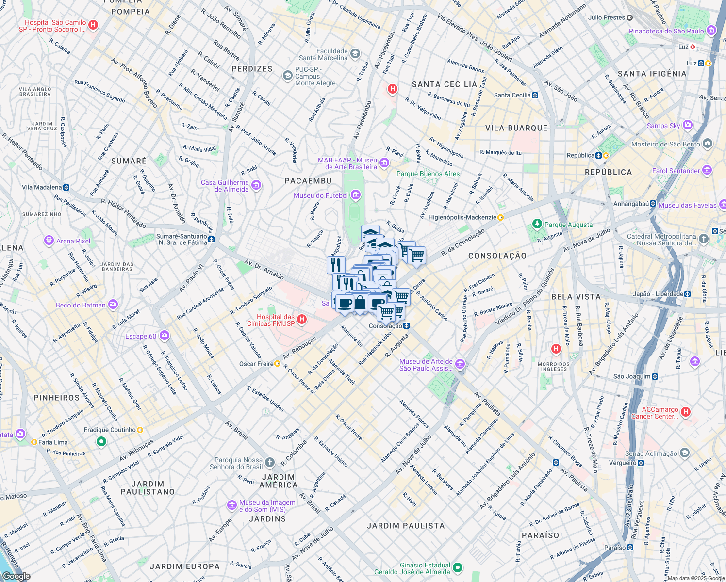 map of restaurants, bars, coffee shops, grocery stores, and more near 332 Rua Minas Gerais in São Paulo