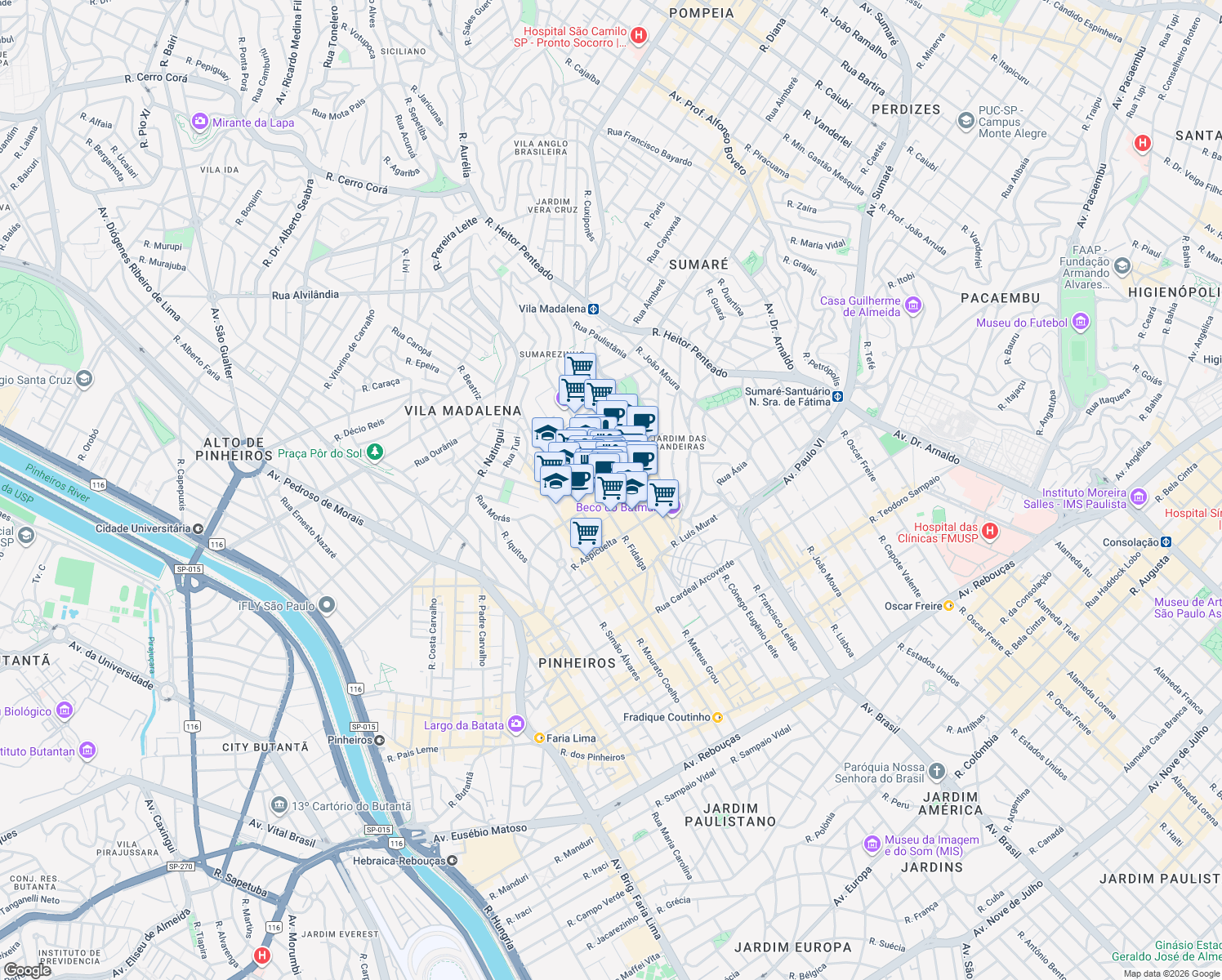map of restaurants, bars, coffee shops, grocery stores, and more near 272 Rua Wisard in São Paulo