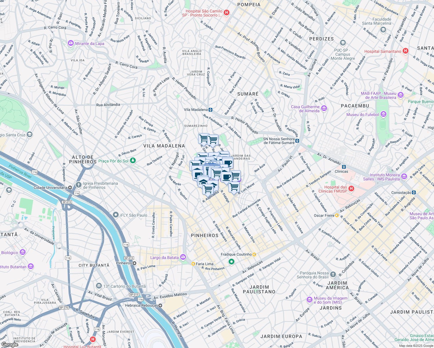 map of restaurants, bars, coffee shops, grocery stores, and more near 272 Rua Wisard in São Paulo