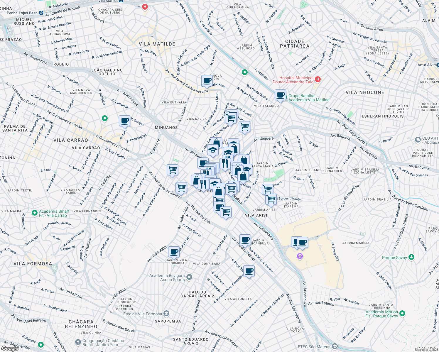 map of restaurants, bars, coffee shops, grocery stores, and more near 5555 Avenida Aricanduva in São Paulo