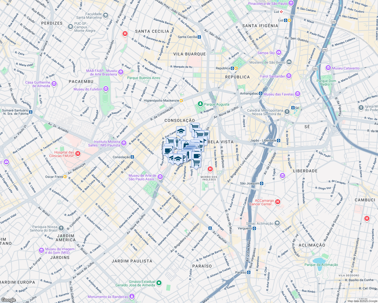 map of restaurants, bars, coffee shops, grocery stores, and more near 264 Rua Doutor Plínio Barreto in São Paulo