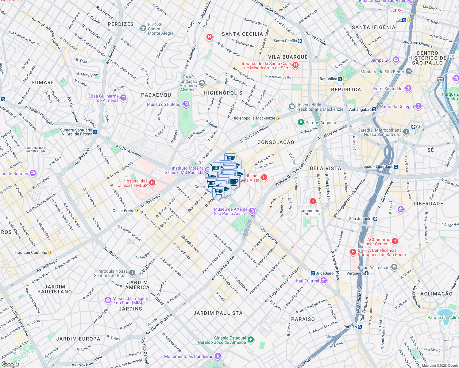 map of restaurants, bars, coffee shops, grocery stores, and more near 1585 Rua Augusta in São Paulo
