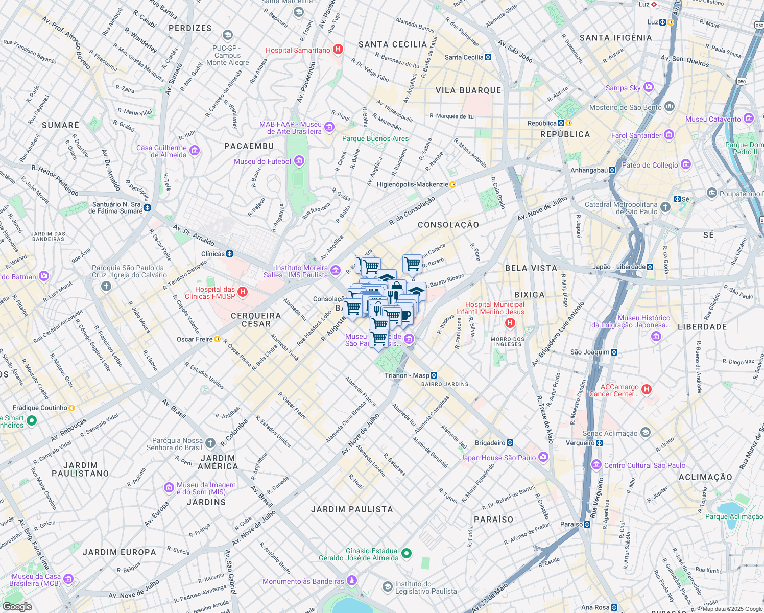 map of restaurants, bars, coffee shops, grocery stores, and more near 1355 Rua Frei Caneca in São Paulo