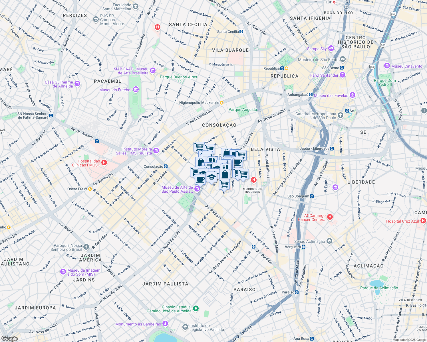 map of restaurants, bars, coffee shops, grocery stores, and more near 264 Rua Doutor Plínio Barreto in São Paulo