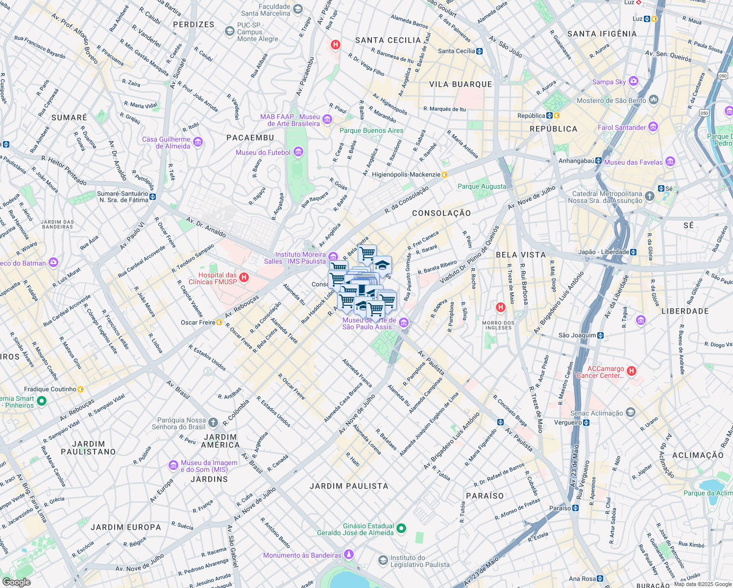 map of restaurants, bars, coffee shops, grocery stores, and more near 2028 Avenida Paulista in São Paulo