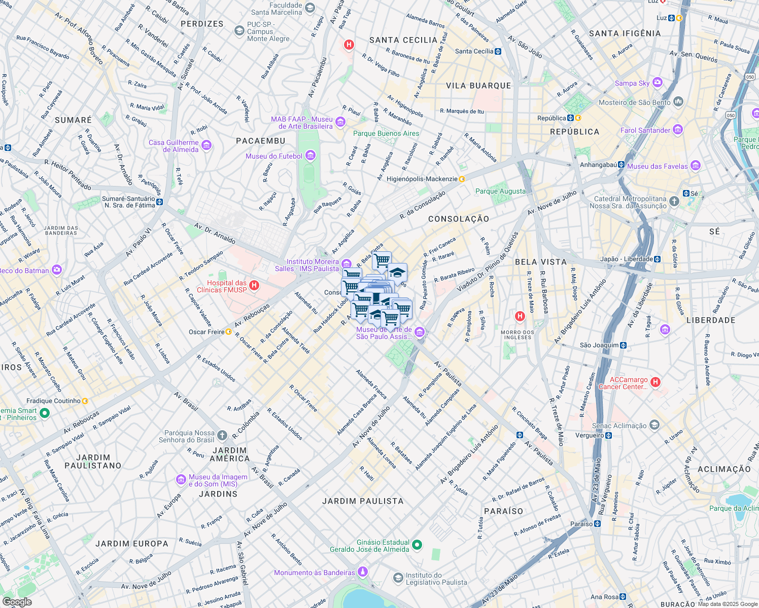 map of restaurants, bars, coffee shops, grocery stores, and more near 2028 Avenida Paulista in São Paulo